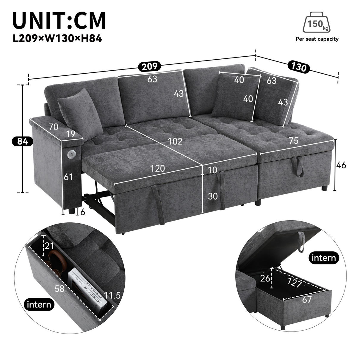 ECKSCHLAFSOFA L-Form, Chenille mit Stauraum & USB-Anschluss, 209/130/84 cm, Dunkelgrau - Dunkelgrau, Textil (130/84/209cm) - Redom