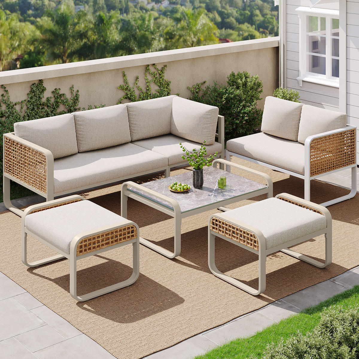 LOUNGESET 6-7 Personen Beige Rattan Mit Verstellbaren Füßen - Beige, Metall - FLIEKS