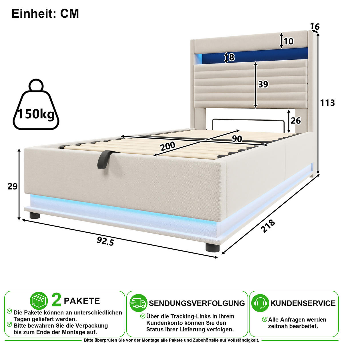 POLSTERBETT 90/200 cm in Beige mit Bettkasten, LED und USB-C - Beige, Holzwerkstoff/Textil (90/200cm) - CHICFURN