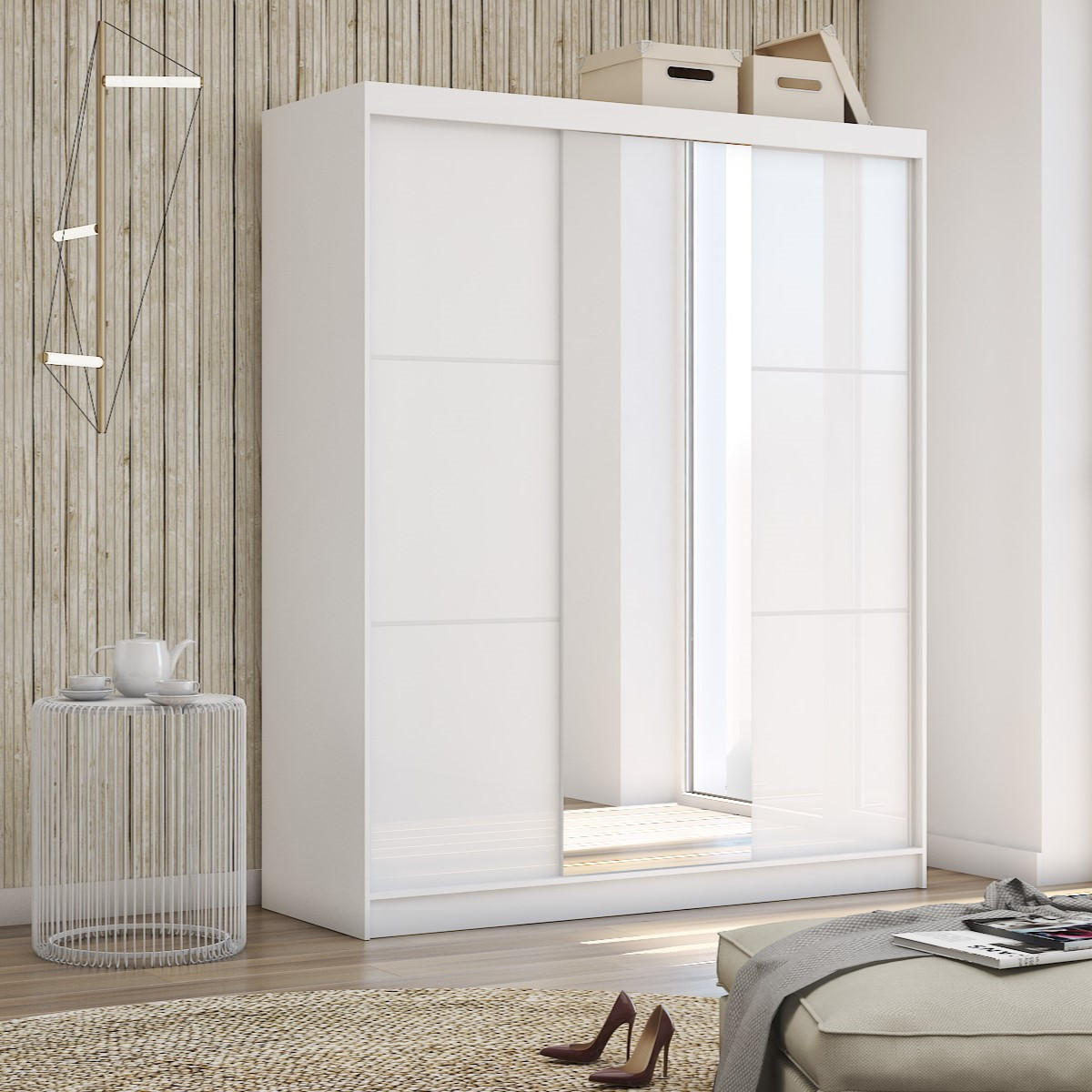 SCHWEBETÜRENSCHRANK VITALE 180/216/61 cm 3-türig mit Spiegel Weiß - Weiß, Holzwerkstoff (180/216/61cm) - MASSENO