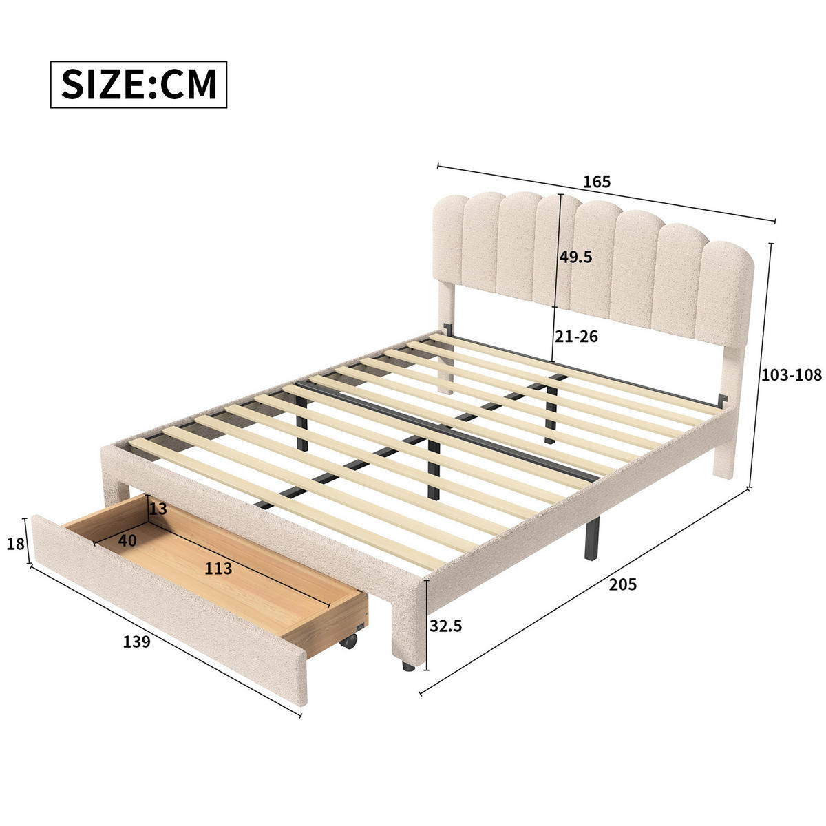 POLSTERBETT Muschel-Design 160/200 cm mit Schubkasten & USB Teddy-Fleece Beige - Beige, Textil (160/200cm) - Creahappy
