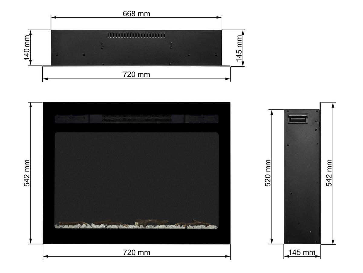 WAND-EINBAUKAMIN AF27WR – Breite 66 cm, 3D-Flammeneffekt, LED-Beleuchtung, Heizfunktion - Schwarz, Glas/Metall (72/54.2/14.5cm) - ArtiFlame