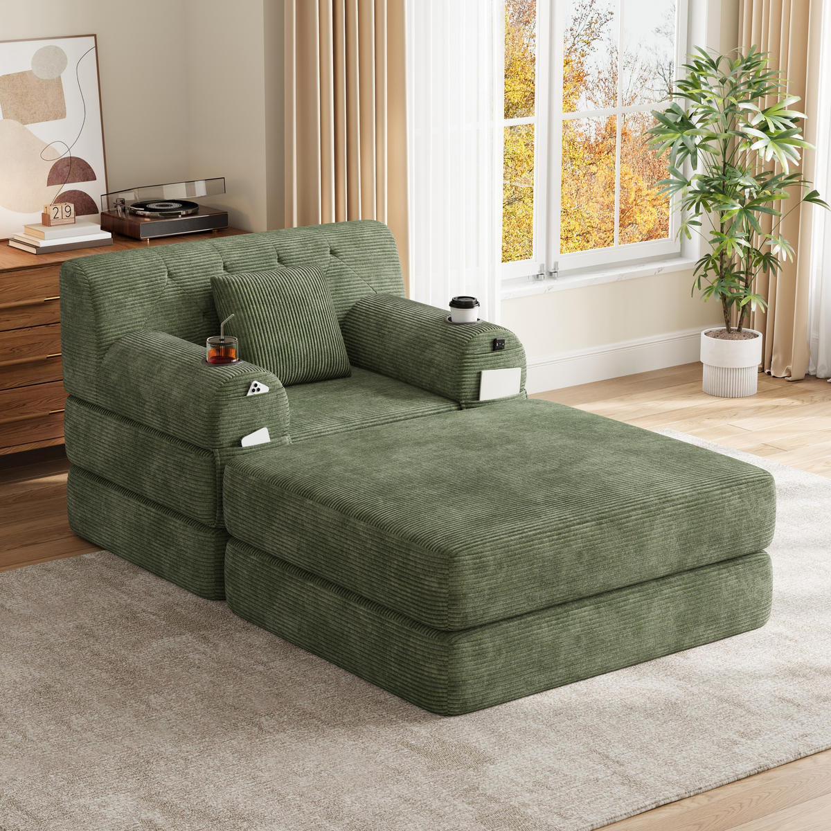SCHLAFSOFA mit Hocker, Liegefunktion und Getränkehaltern aus Cord in Grün - Grün, Textil (191/60/162cm) - EVRYAE