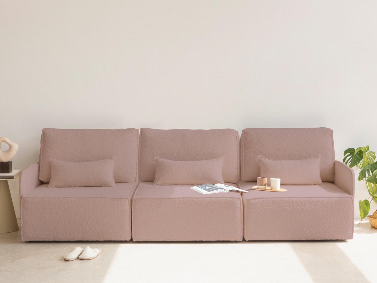 3-SITZER-SOFA Chaiselongue bezogen Bouclé und Kiefernholz Hellrosa LEA - Pink, Textil (278/87/90cm) - RNT By Really Nice Things