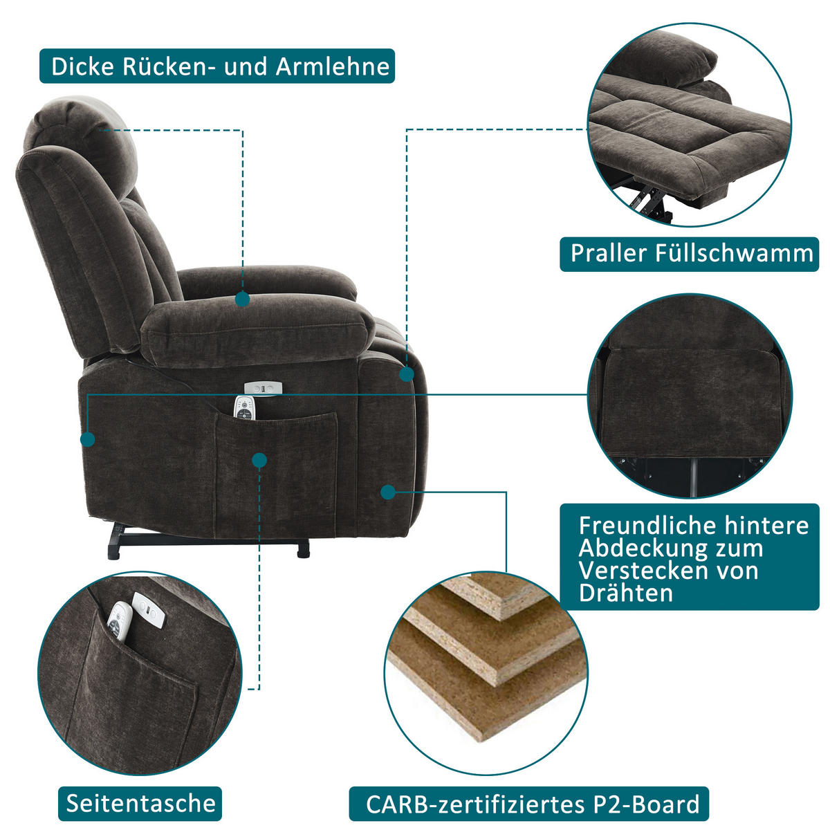MASSAGESESSEL Elektrisch 8 Punkt Massage Heizung USB Braun - Braun, Textil (95/107/94cm) - FLIEKS