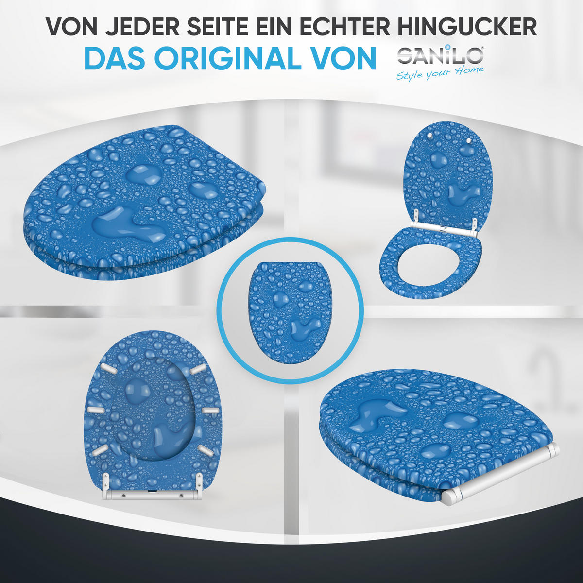 WC-SITZ mit Absenkautomatik & Top Fix Tautropfen Blau - Blau, Holzwerkstoff (37.7/5.5/48cm) - Sanilo