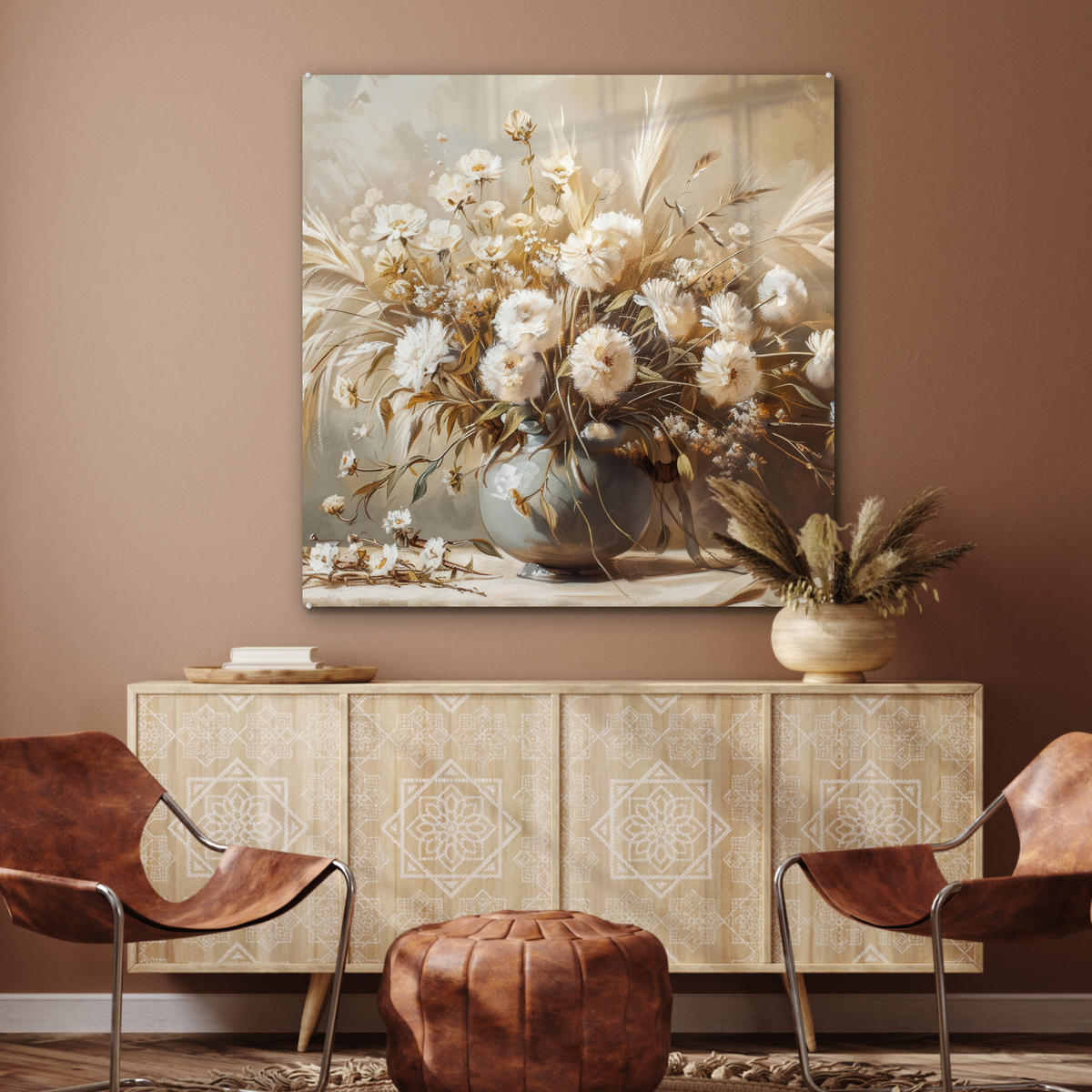 ACRYLGLASBILD Blumen - Vase - Stilleben - Beige 90x90 cm - Creme, Glas (90/90cm) - MuchoWow