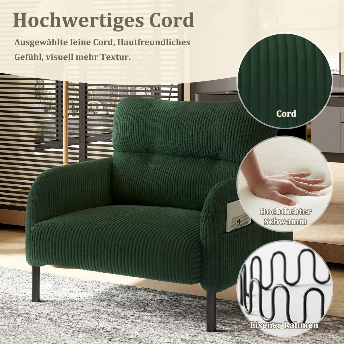 SESSEL Cord Smaragdgrün mit Seitentasche - Grün, Textil/Metall (67/79/75cm) - WISHDOR