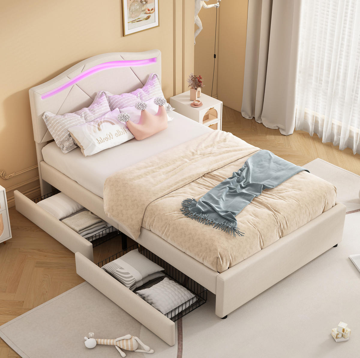 BETT mit Lattenrost, LED und 2 Schubladen 90x200 cm Beige - Beige, Metall (90/200cm) - Meubliv