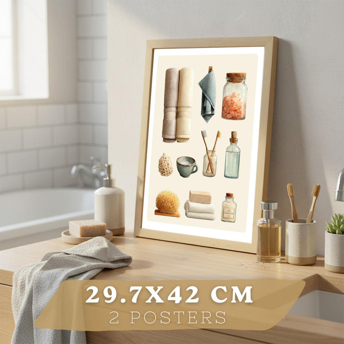 PLAKÁT Sada 2 dekorativních tisků do ve lázeňském stylu Světlý dřevěný rám A3 - béžová, papír (42/29.7/3cm) - Nacnic