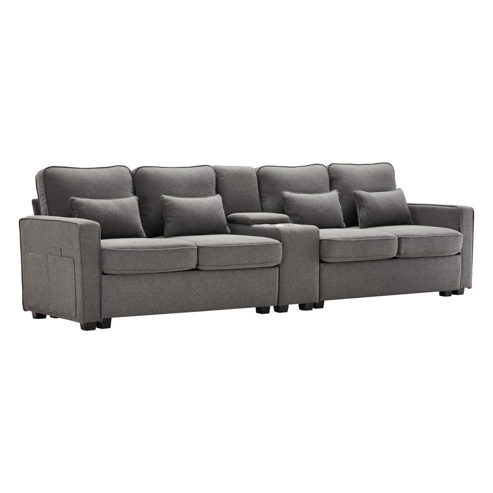 SOFA 4-Sitzer Leinenstoff Konsole 2 USB & Getränkehalter 4 Kissen Dunkelgrau - Grau, Holz (83/88/290cm) - FLIEKS