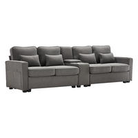 SOFA 4-Sitzer Leinenstoff Konsole 2 USB & Getränkehalter 4 Kissen Dunkelgrau - Grau, Holz (83/88/290cm) - FLIEKS