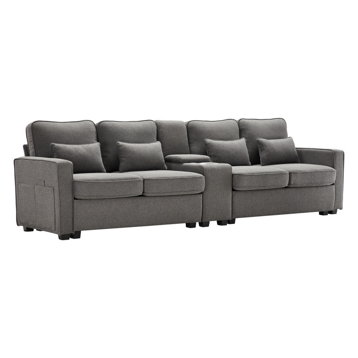 SOFA 4-Sitzer Leinenstoff Konsole 2 USB & Getränkehalter 4 Kissen Dunkelgrau - Grau, Holz (83/88/290cm) - FLIEKS