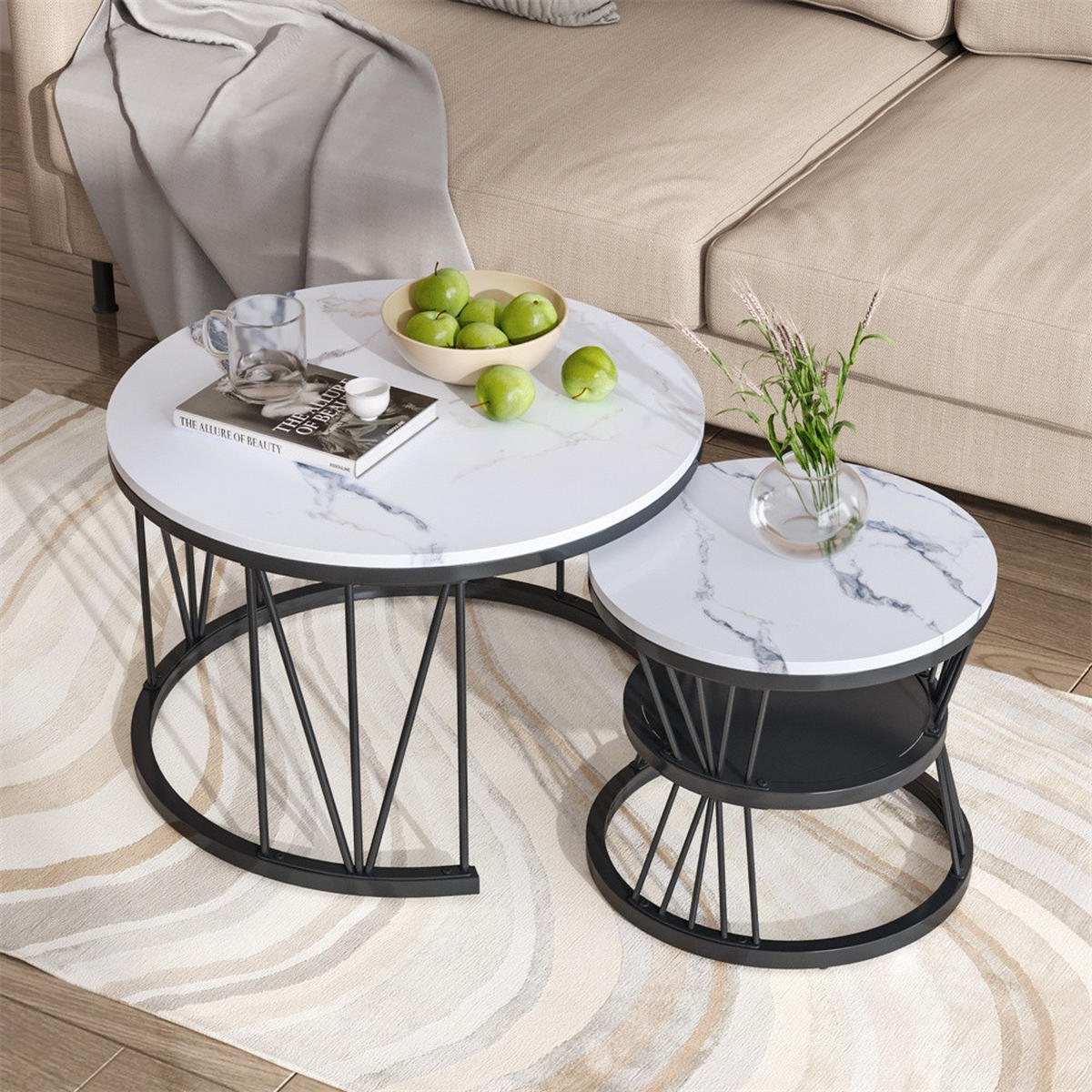 COUCHTISCH 2er-Set - Runder Couchtisch in Marmoroptik mit V-Metallgestell - Weiß und Schwarz - Schwarz, Holzwerkstoff (70/70/45cm) - DELFA
