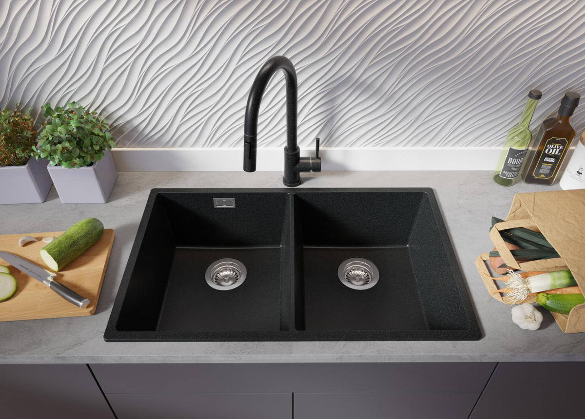 SPÜLBECKEN London Slim Twin, 2-er set Anthrazit 76/47 cm 2 Becken + Ablauf-Set ab 80er Unterschrank - Chromfarben/Anthrazit, Kunststoff (76/20/47cm) - Primagran