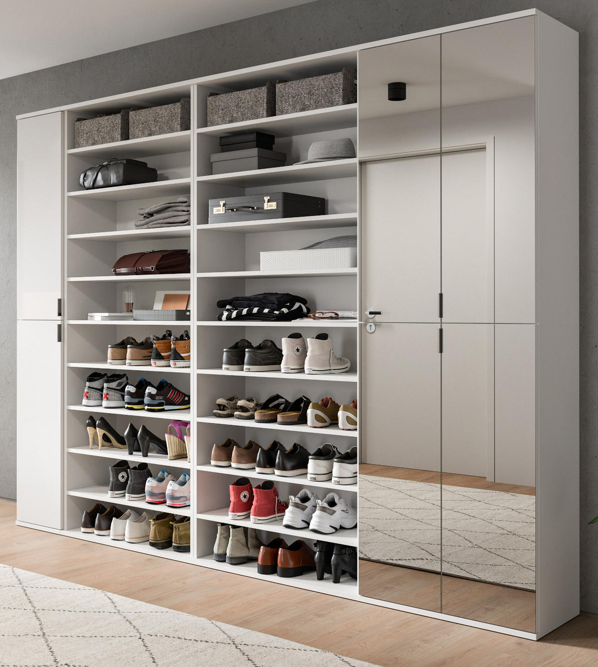 GARDEROBENSCHRANK weiß Hochglanz 281 cm, Schuhschrank XXL mit 35 Fächern - Chromfarben/Weiß Hochglanz, Glas/Holzwerkstoff (251/193/34cm) - Inn.Furn