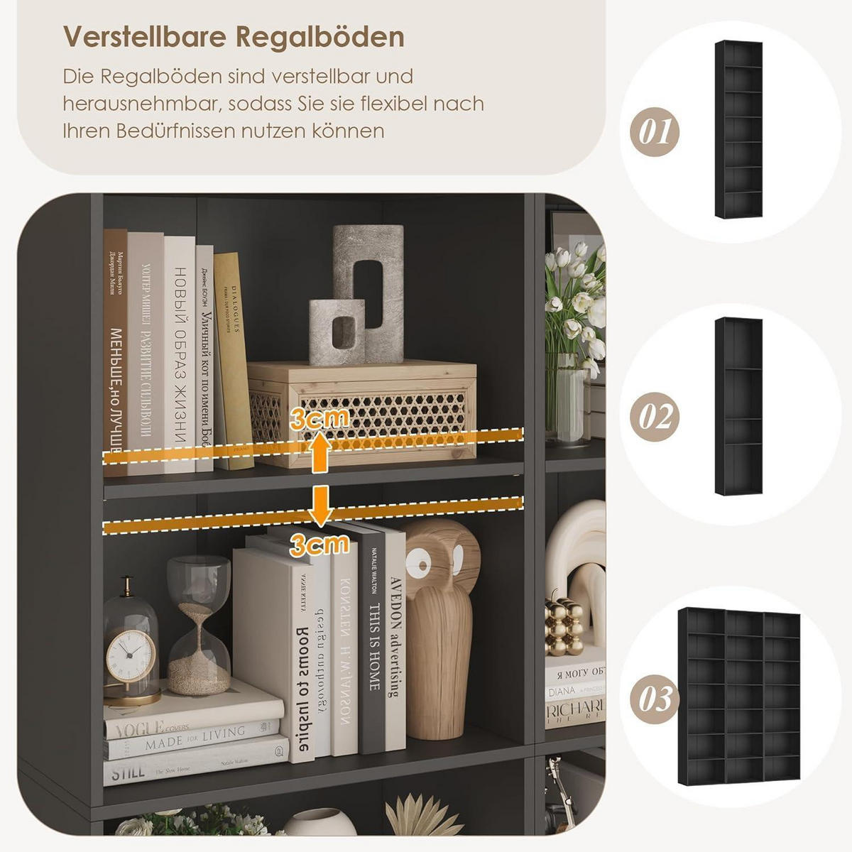 BÜCHERREGAL 220 cm Schwarz 7 Fächer - Schwarz, Holzwerkstoff (48/220/30cm)