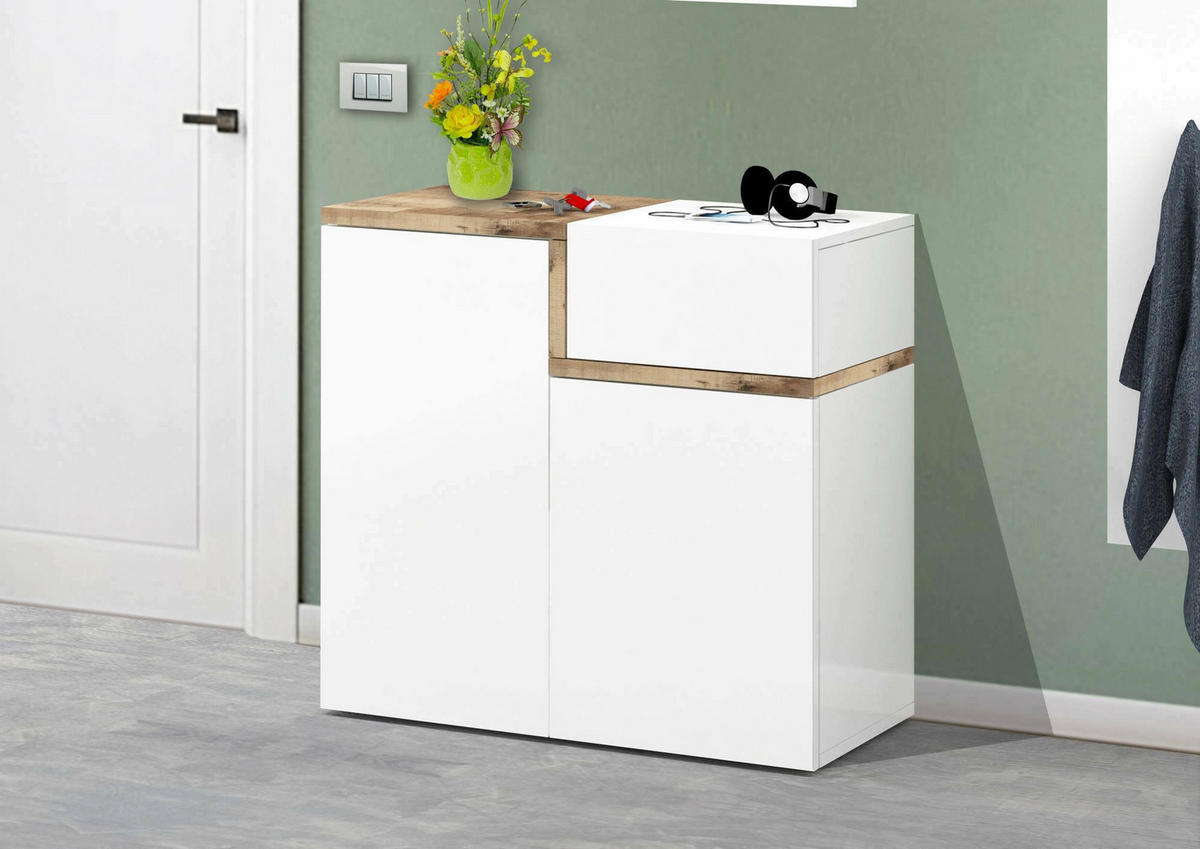 SCHUHSCHRANK Glänzendes Weiß, Ahorn 40/80/80 cm - Ahornfarben/Weiß, Holzwerkstoff (80/80/40cm) - DMORA