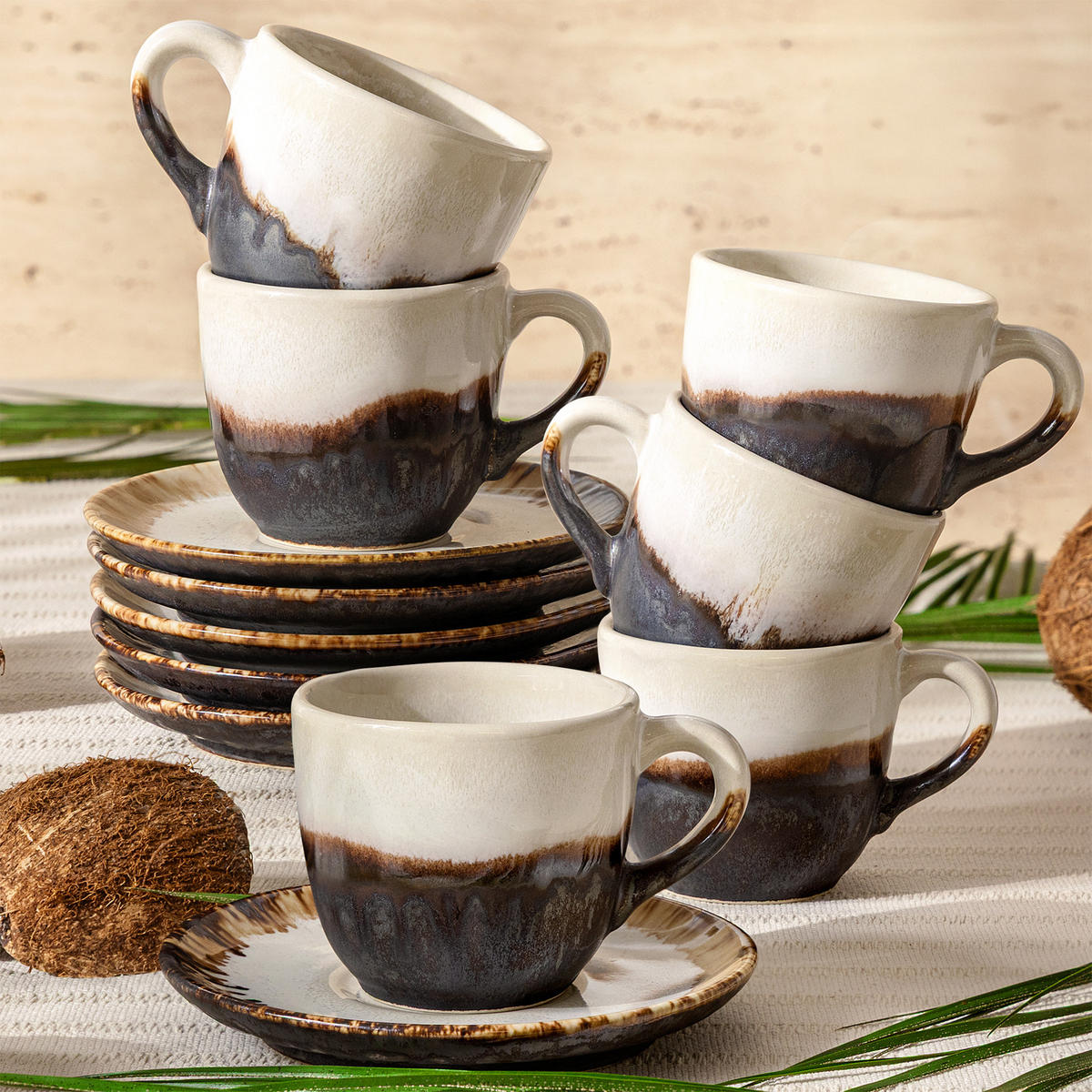 KAFFEETASSE PRIMA, mit Untertasse, 6-tlg, Hellbeige - Beige, Keramik (11/7/9cm) - KONSIMO®