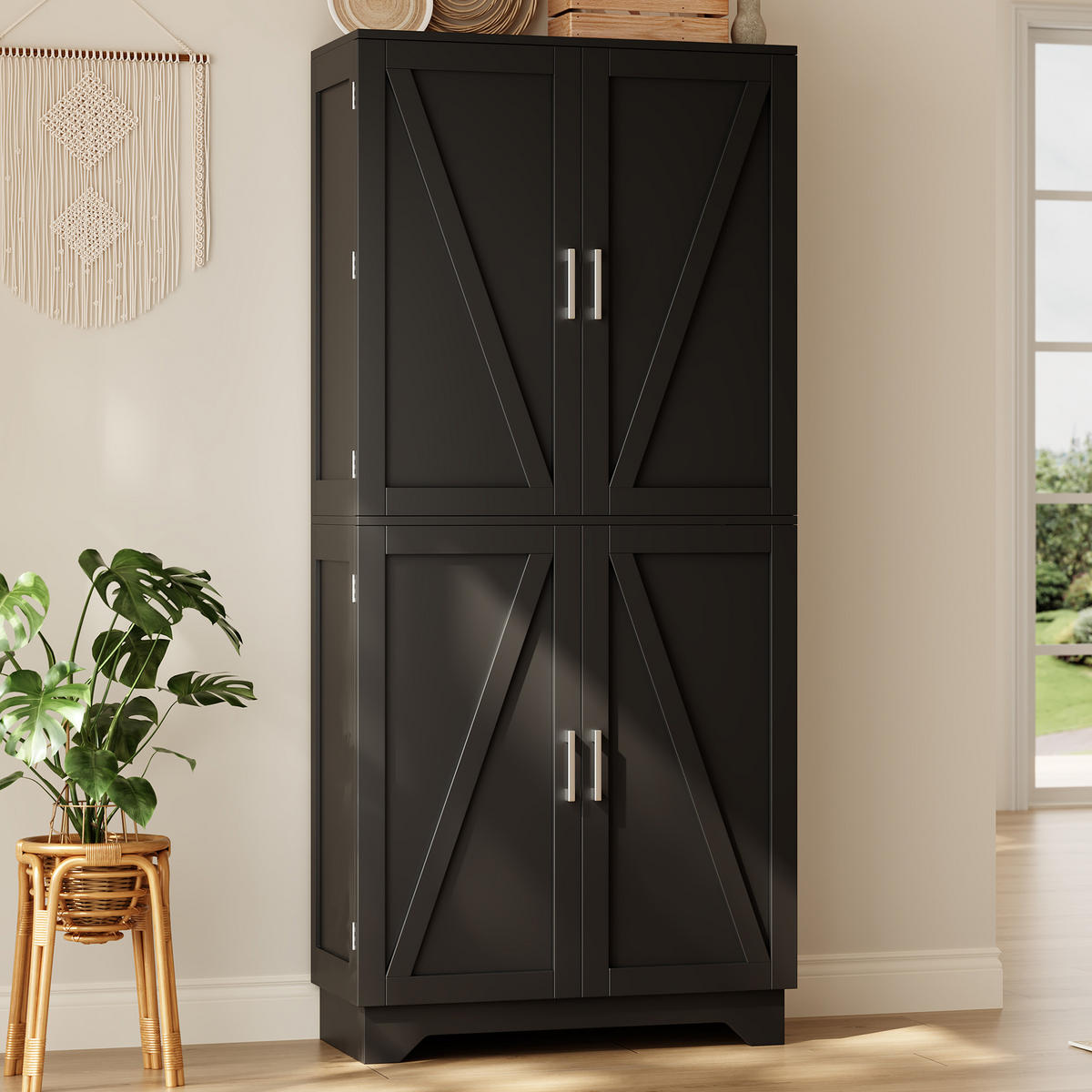 HIGHBOARD DE-38731 80/40/180 cm 4 Scheunentor-Türen und Weinregal Schwarz - Schwarz, Holzwerkstoff (80/180/40cm) - ComfortXL