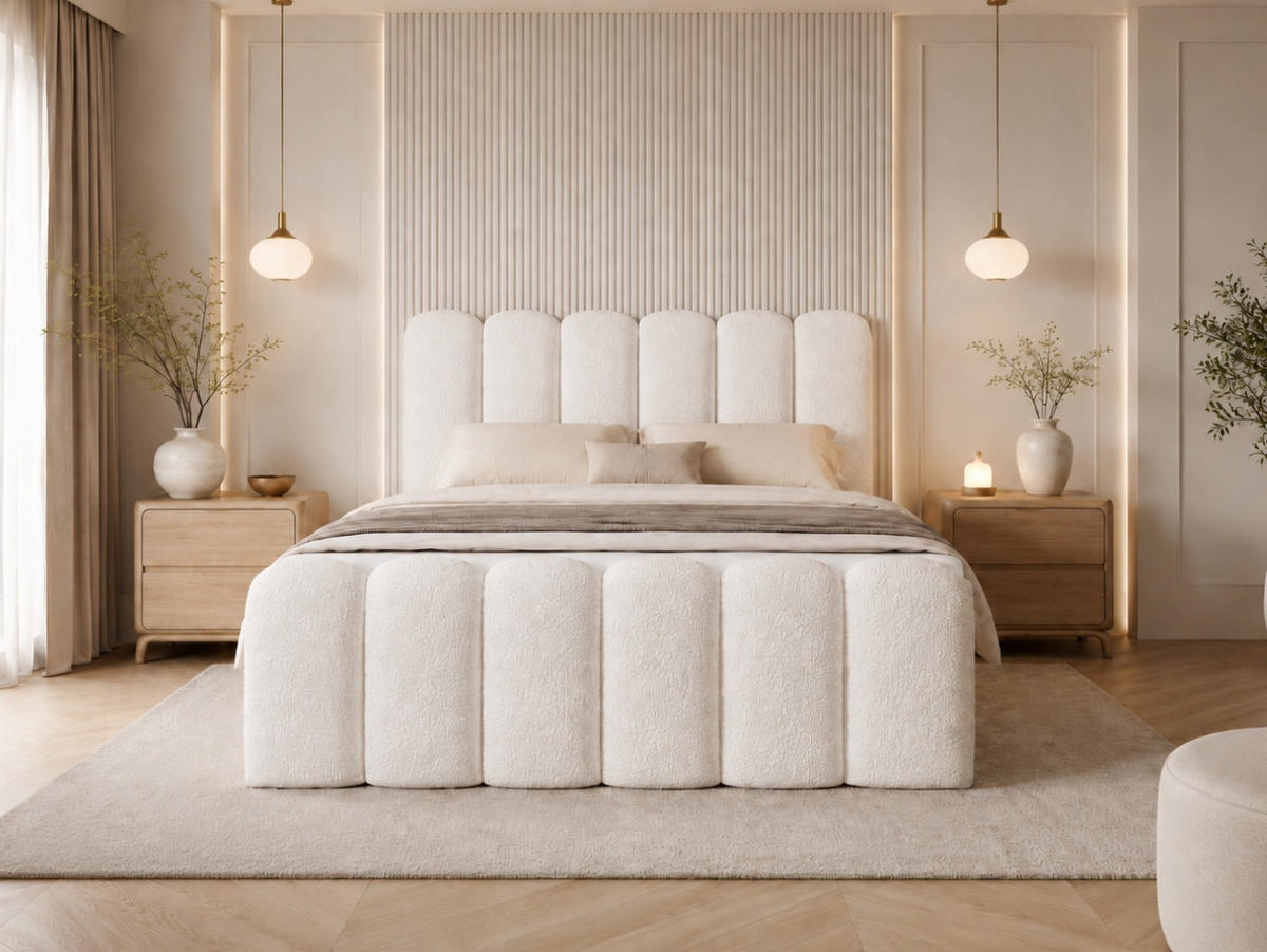 BOXBETT CUDDLE 140x200 cm in Weiß, Bettkasten, Topper, Bouclé-Stoff - Weiß, Holz/Textil (140/200cm) - EMLAR Home