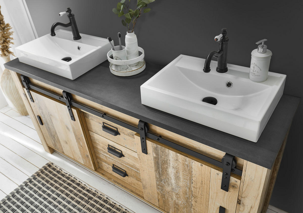 DOPPELWASCHTISCH Used Wood hell, anthrazit, Waschtisch Set inkl. 2 x Waschbecken 164 cm - Eichefarben/Anthrazit, Holz/Holzwerkstoff (164/81/43cm) - Furn.Design