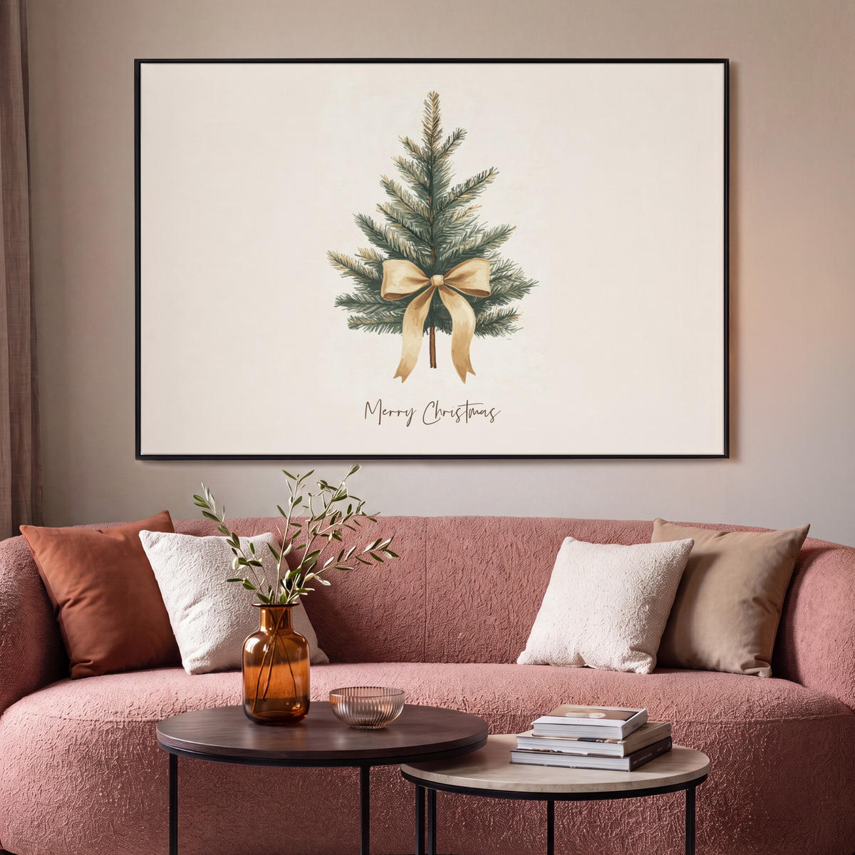 LEINWAND Bilder mit Rahmen - Weihnachtsbaum - Weihnachten - Frohe Weihnachten - Beige - 120x80 - Sandfarben, Textil (120/80cm) - MuchoWow