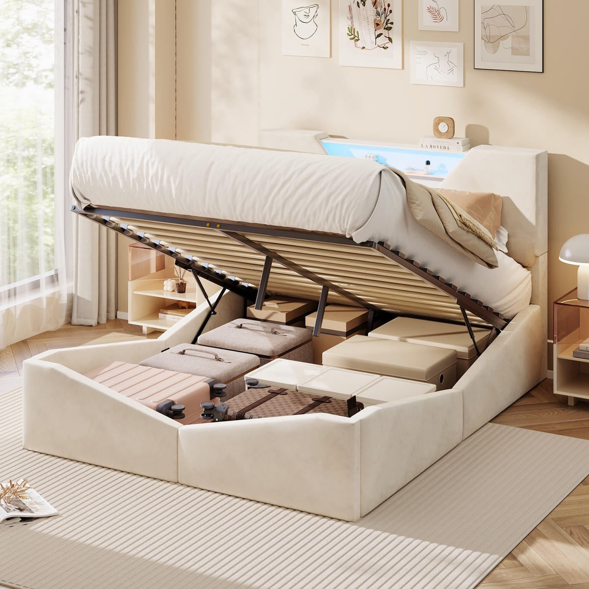 POLSTERBETT 140x190 cm - Dreieckiges Kopfteil mit Stauraum, LED ajustable, 4 Schubladen, Samtstoff, Modernes und schlichtes Design - Beige - Beige, Holzwerkstoff (140/190cm) - Brevoria