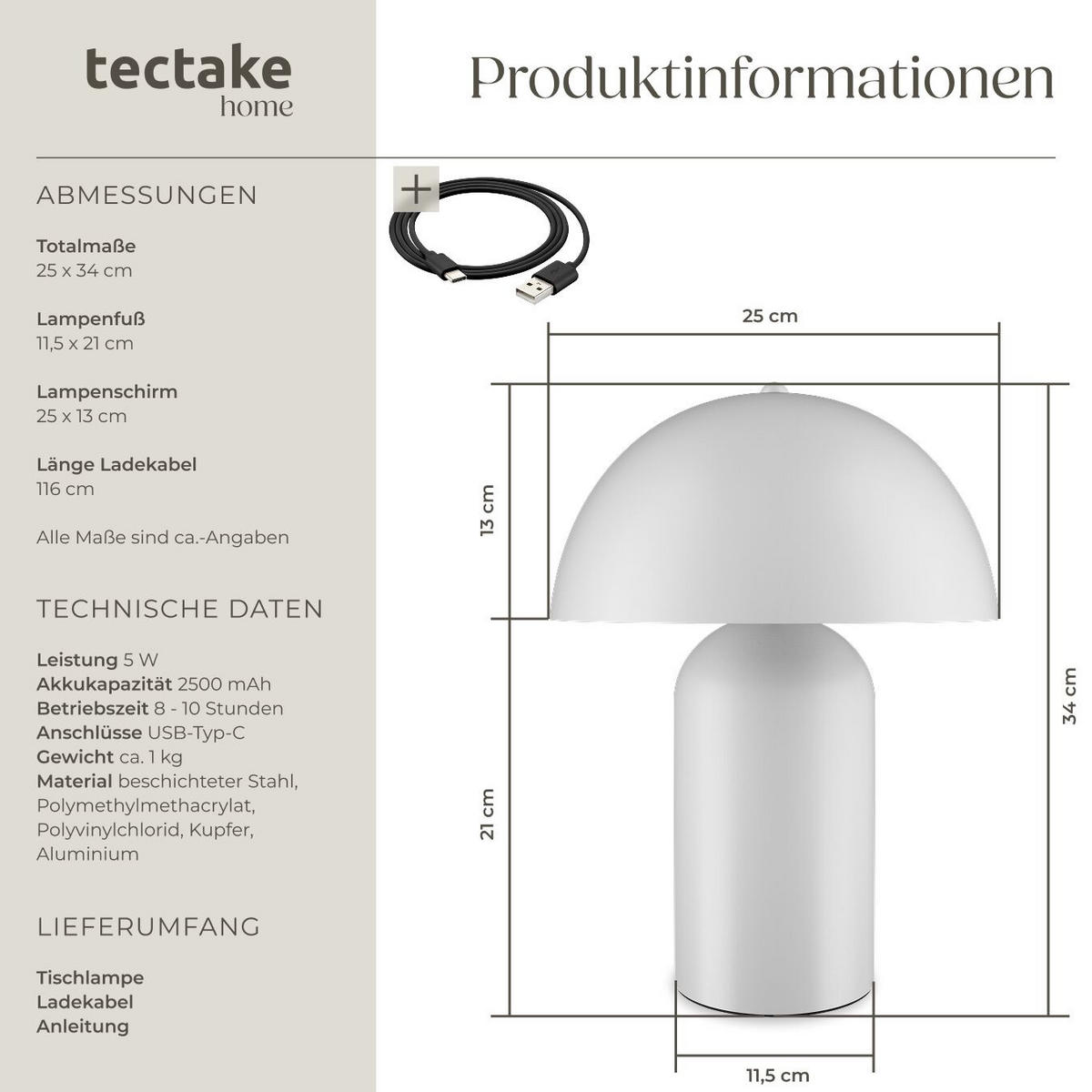 AKKU-TISCHLAMPE Kade,25 x 34 cm,weiß - Weiß, Metall (25/25/34cm) - tectake