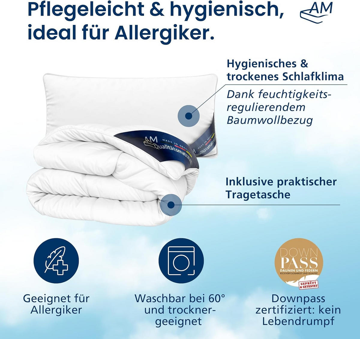 BETTWAREN SET Daunen Ganzjahr 220/240cm, Kissen 40/80 cm - Weiß, Textil (220/240cm) - AM Qualitätsmatratzen