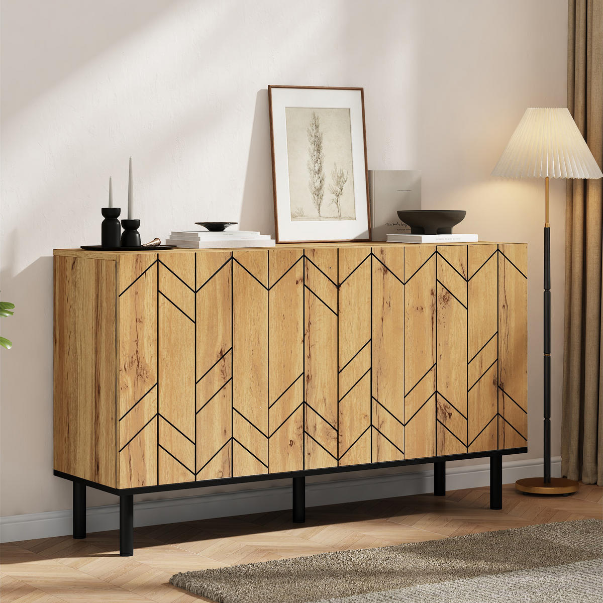 SIDEBOARD 120cm 3 Türen Wellenmuster Naturholz Metallbeine - Naturfarben, Holzwerkstoff (120/70/35cm) - FLIEKS