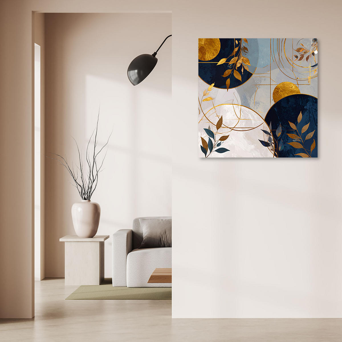 WANDBILD, Moderne Abstrakt Kreise und Blätter in Beige - Blau, Textil (60/60cm) - Feeby