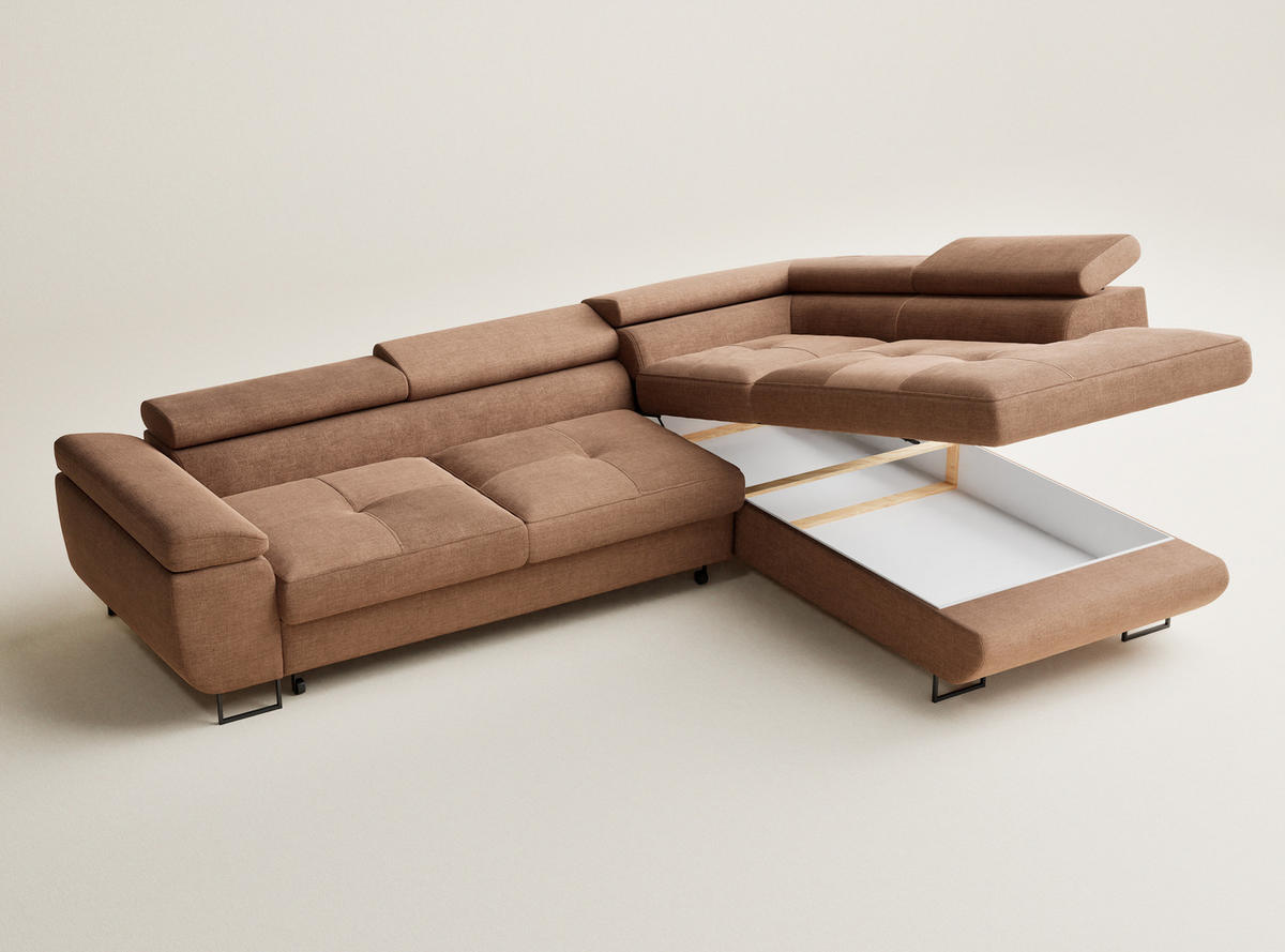 ECKSOFA Concord Hellbraun Chenille-Stoff - Rechts Seite - Hellbraun/Schwarz, Holz/Holzwerkstoff (277/203cm) - Maison de Reve