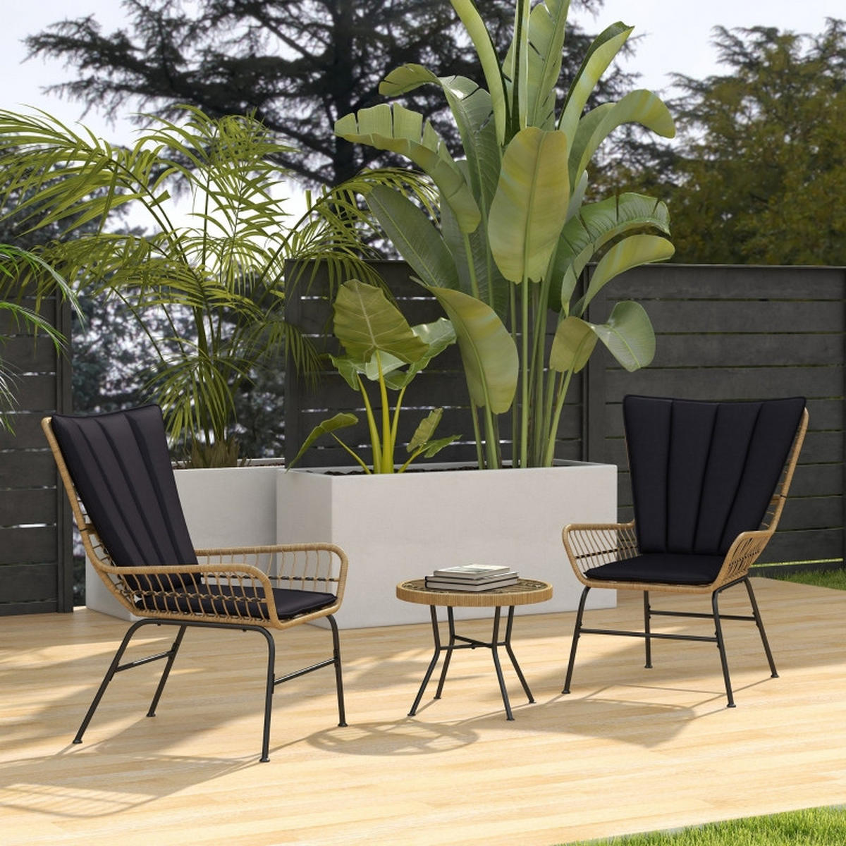 RATTAN GARTENMÖBEL SET 3-tlg. mit 2 Stühlen & Beistelltisch Hartglasplatte - Schwarz, Metall - ComfortXL