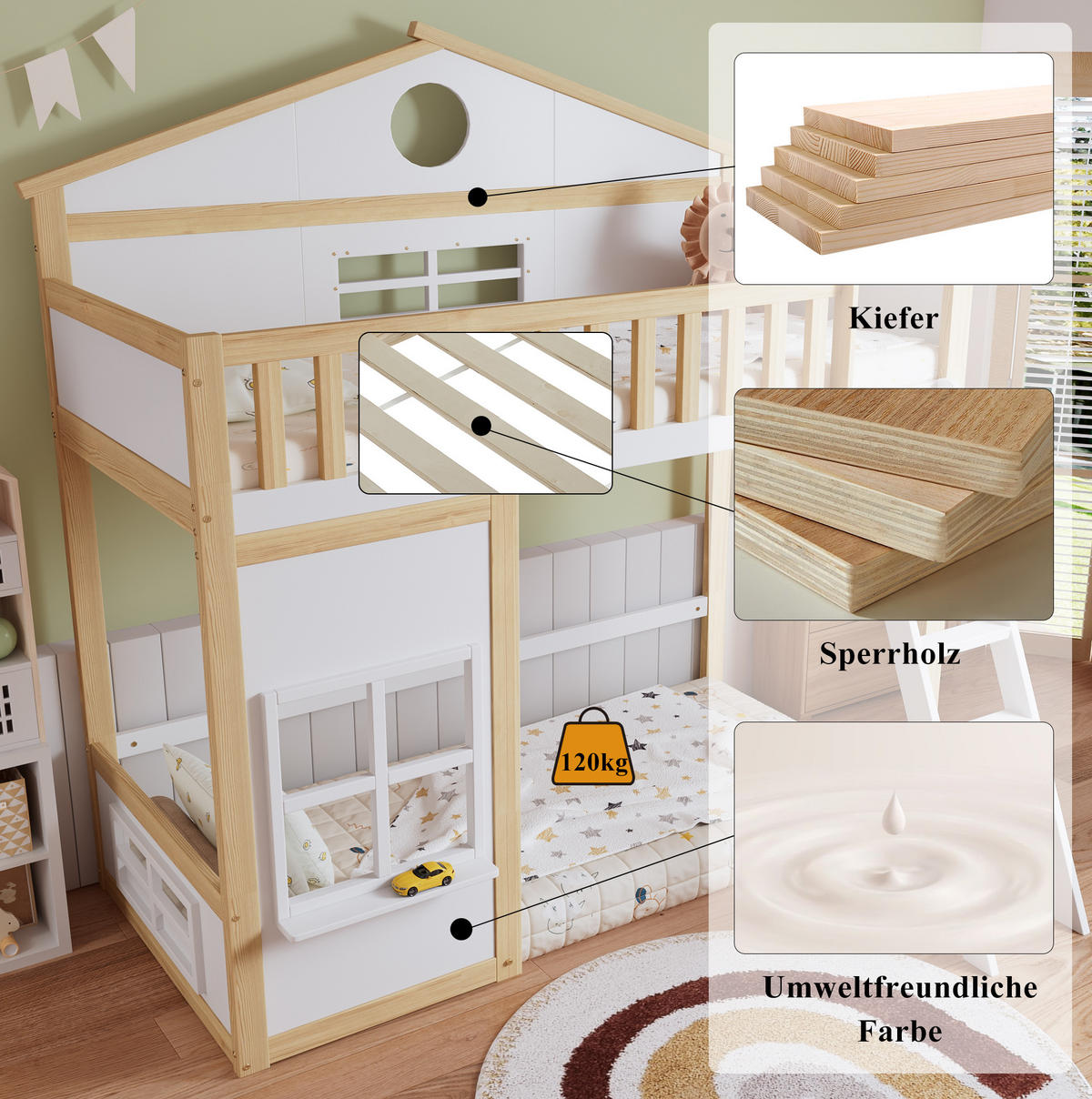 ETAGENBETT 90/200 cm Weiß Natur mit Treppe, Dach und Fenstern - Weiß, Holz (90/200cm) - MIVRAY