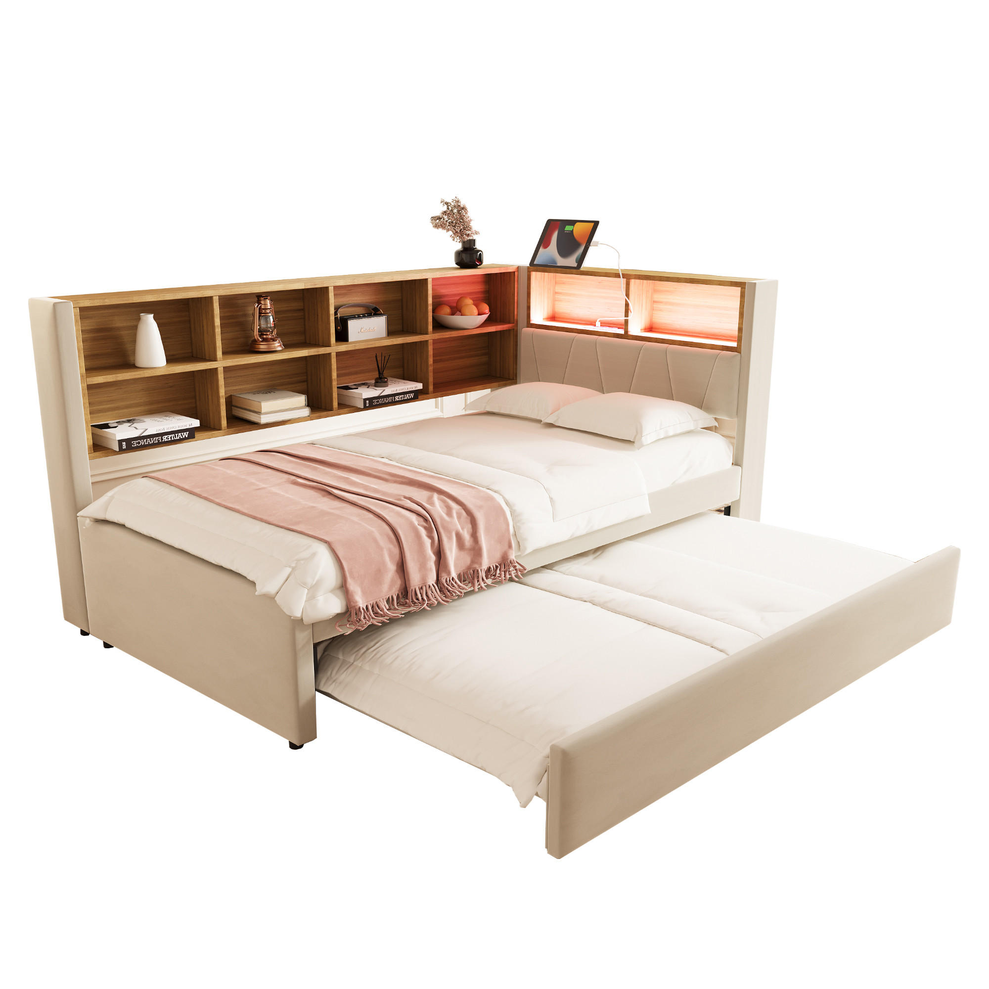 AUSZIEHBETT 90/200 cm Flanell Beige mit LED-Beleuchtung und Ladeanschlüssen - Beige, Textil (90/200cm) - OKWISH