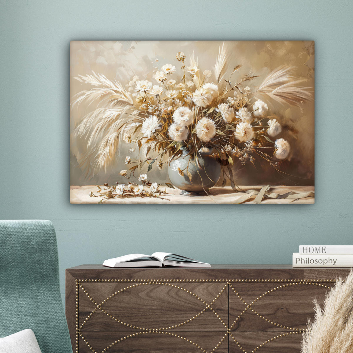 LEINWANDBILD Blumen - Vase - Stilleben - Beige Gemälde 60x40 cm - Creme, Textil (60/40cm) - MuchoWow