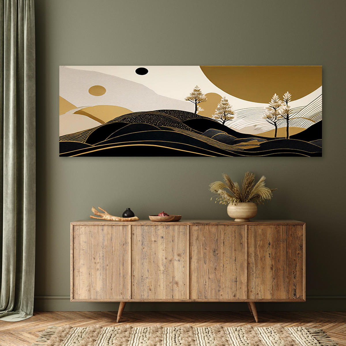 WANDBILD landschaft abstrakter glamour golden - Schwarz, Textil (90/30cm) - Feeby