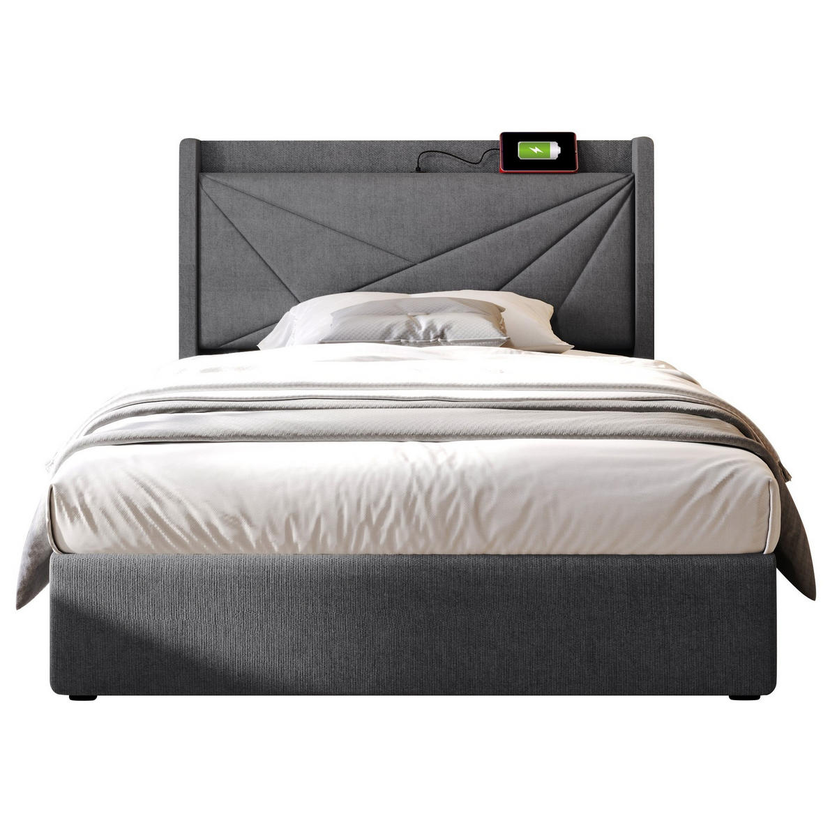 POLSTERBETT aus Baumwoll-Leinen 90x200 cm in Grau mit USB/Typ-C - Grau, Textil (90/200cm) - Modfu