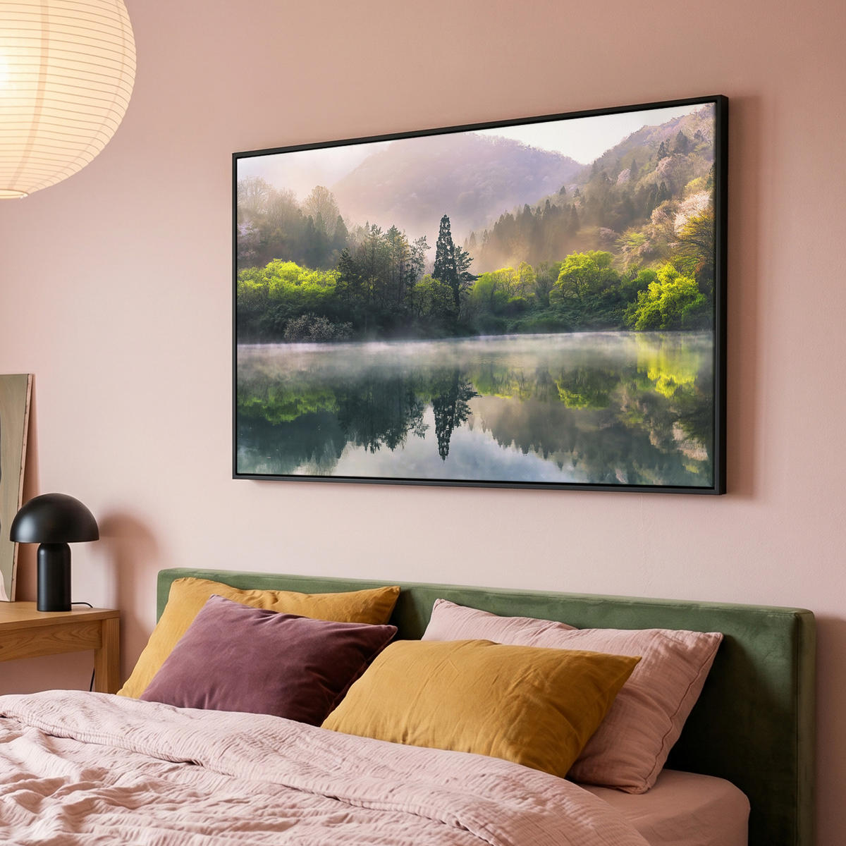 LEINWAND Bilder mit Rahmen - Natur - Bäume - Berge - See - Wasser - 150x100 - Hellgrün, Textil (150/100cm) - MuchoWow
