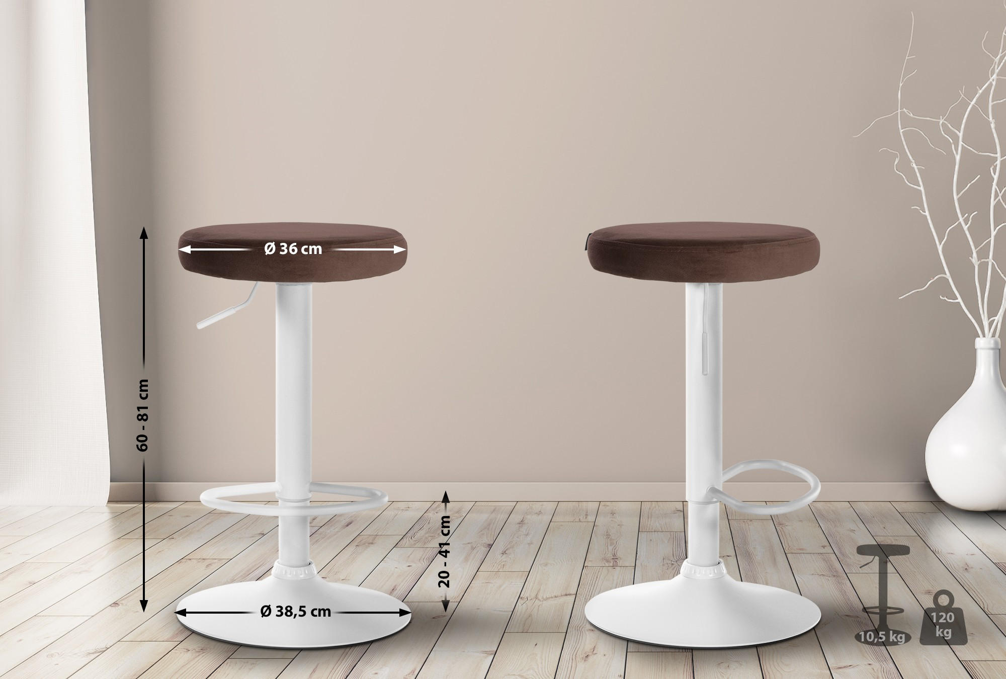 BARHOCKER Samt braun - Weiß/Braun, Textil/Metall (38.5/60/38.5cm) - CLP