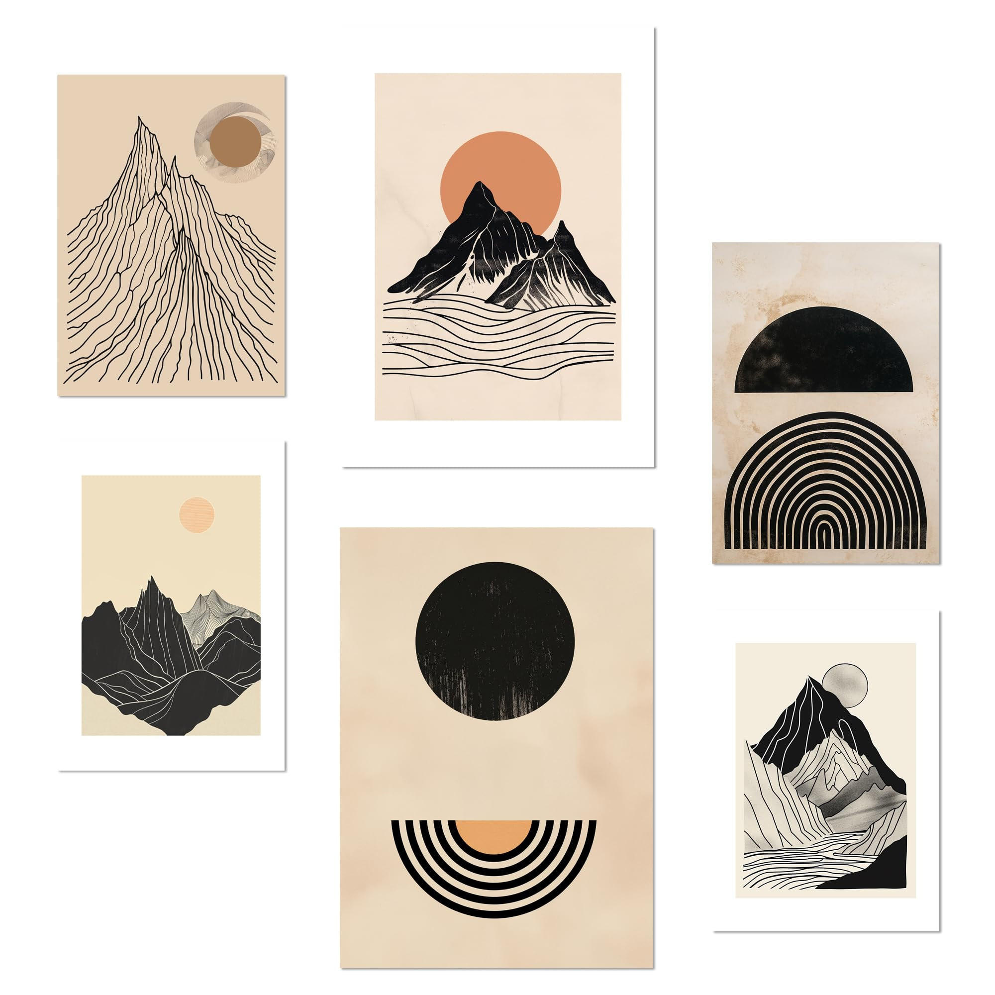 POSTER Set Mit 6 Geometrische Berge Vintage Braun Schwarz & Erdtöne A3 & A4 Rahmenlos - Klar, Papier (29/3cm) - Nacnic