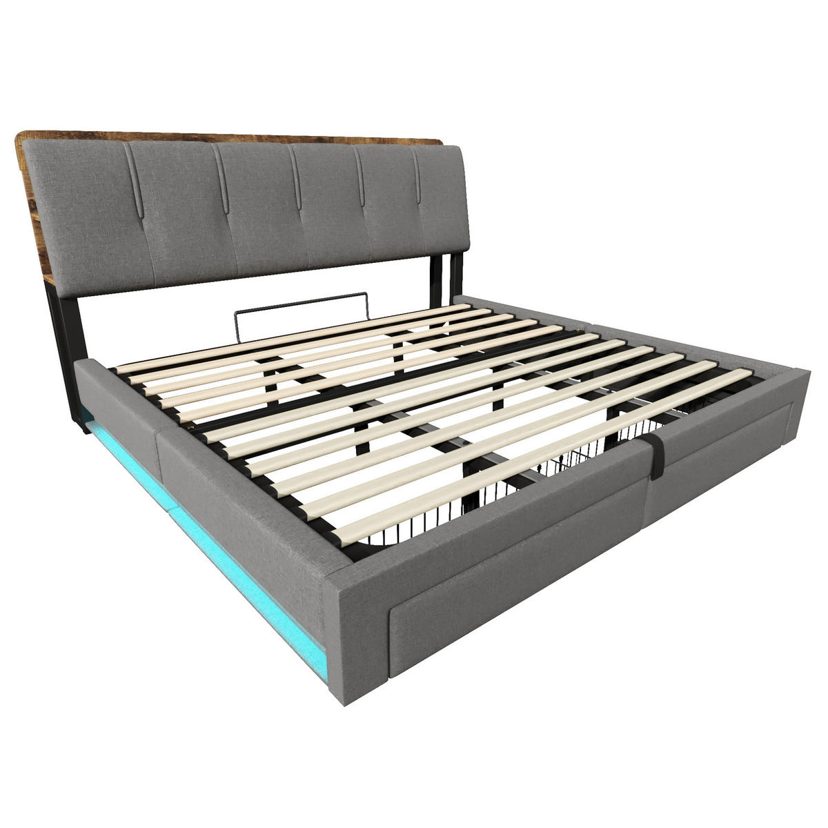 POLSTERBETT 180/200 cm Grau aus Leinen mit hydraulischem Bettkasten, USB-/Typ-C-Anschluss, LED-Beleuchtung - Grau, Textil (180/200cm) - OKMYHOME