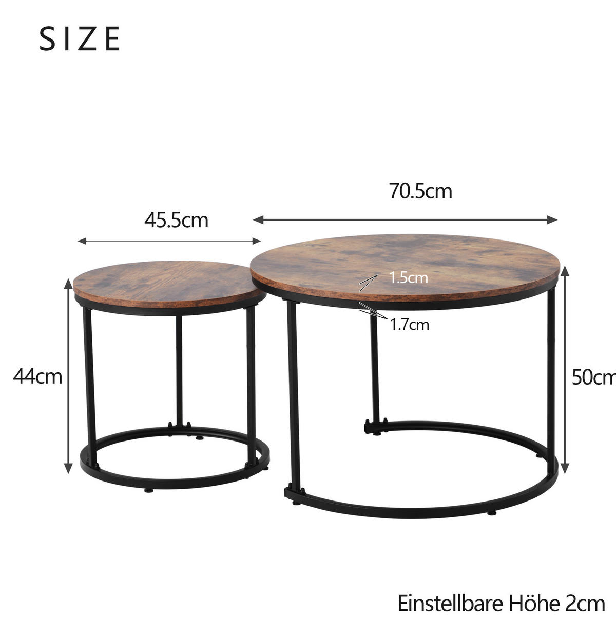 COUCHTISCH-SET 2-teilig, verschachtelbar, MDF Holzoptik mit Metallrahmen, 50/70,5 + 45,5/44 cm,Braun - Braun, Holzwerkstoff (50/50/70.5cm) - Redom