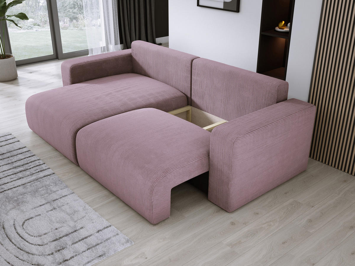 ECKSOFA Carl L-förmig Schlaffunktion und Bettkasten weicher Cordstoff flexibel stellbar lose Rückenkissen freistehend LINKS 143x247x83cm Light rose - Hellrosa, Holz/Textil (143/247cm) - DomoHome