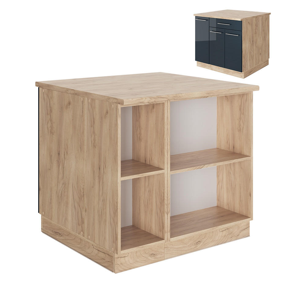 KÜCHENINSEL Fame-Line Dunkelblau Hochglanz 90 cm mit Schublade ohne AP - Eiche Wotan/Dunkelblau, Holzwerkstoff (90/82/60cm) - Vicco