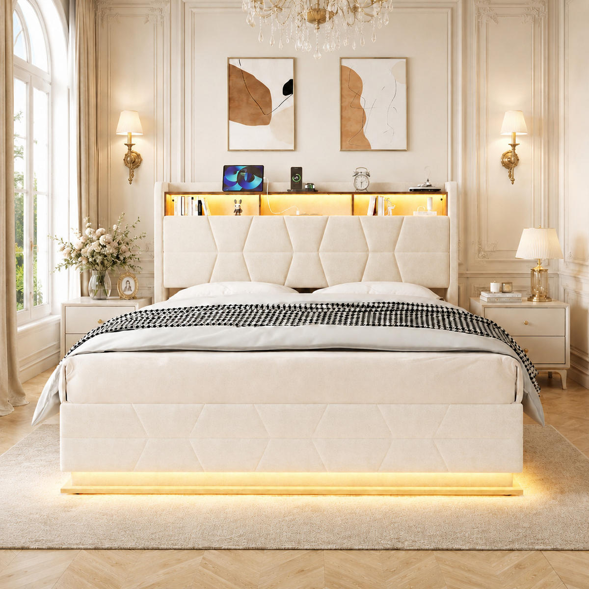 POLSTERBETT 140/200 cm in Beige mit Regal, Seitentaschen, LED und USB/Type-C Samt - Beige, Holzwerkstoff/Textil (140/200cm) - STILVORA