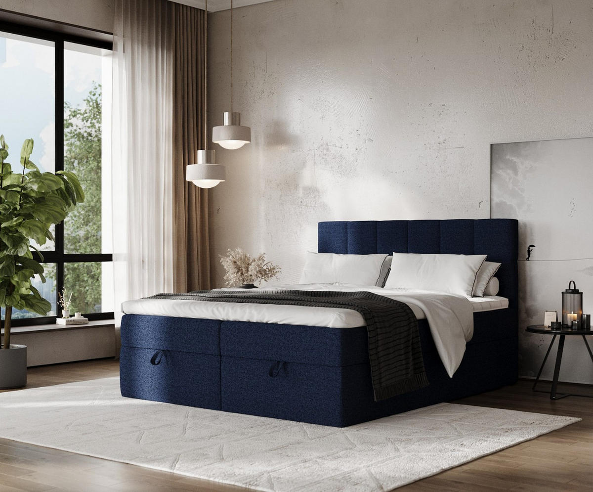 BOXBETT Savio 160/200 cm Marineblau im Riva Stoff - Schwarz/Dunkelblau, Holz/Holzwerkstoff (160/200cm) - AltaBeds