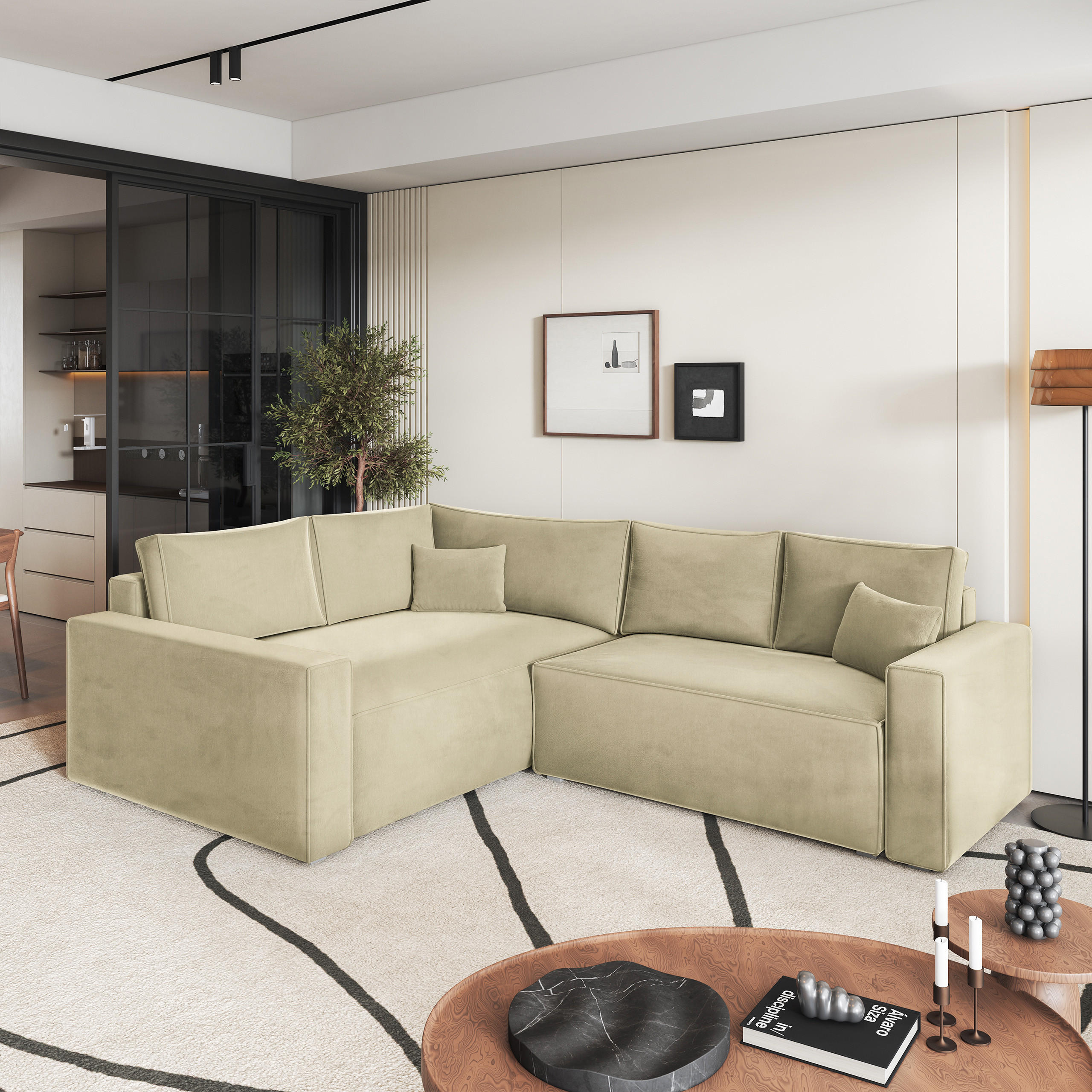 ECKSOFA ERONIS L-S Creme Velours-Stoff mit Schlaffunktion - Creme, Holz (265/194cm) - MASSENO