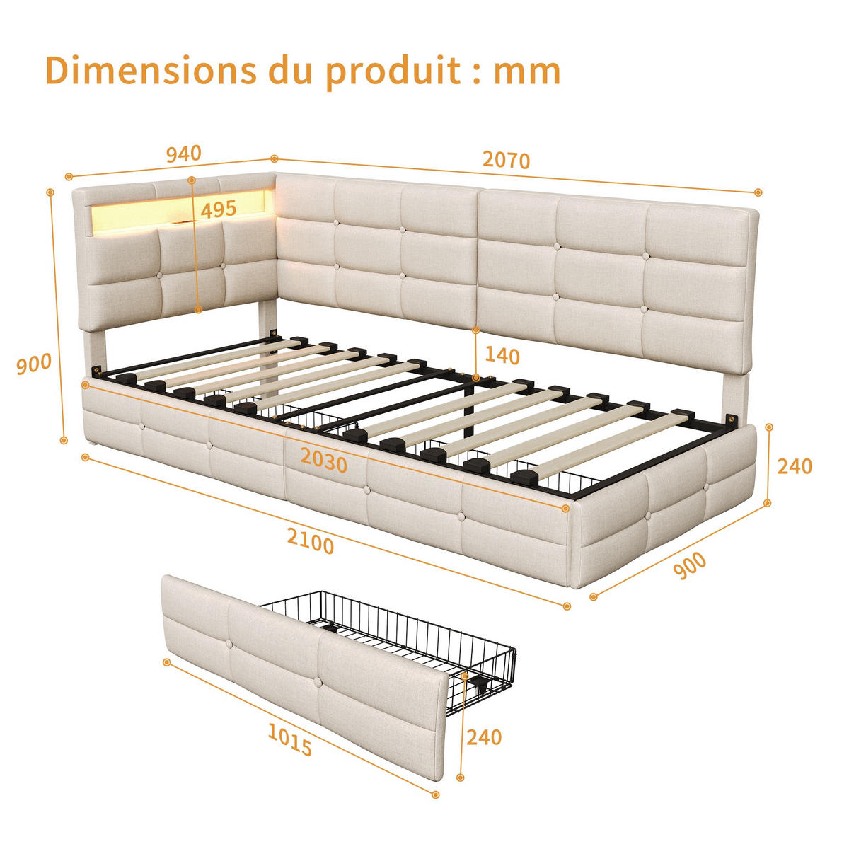 TAGESBETT 90x200 cm mit 2 Schubladen und LED - Gepolstertes Einzelbett aus Leinen mit USB-Anschluss und Lattenrost - Kinder- und Jugendbett - Beige - Beige, Holzwerkstoff (90/200cm) - Brevoria
